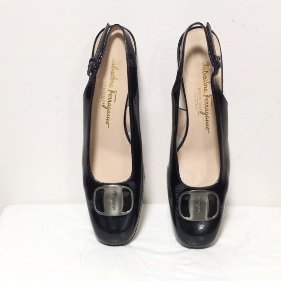 Salvatore Ferragamo Shoes - Salvatore Ferragamo Boutique Leather Slingback Block Heel Shoes Black Sz 8.5 3A
